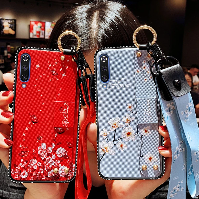 For Xiaomi Mi 9 Case Soft Fashion With wristband diamond Flowers Protective Back Cover for xiaomi mi9 phone shell |