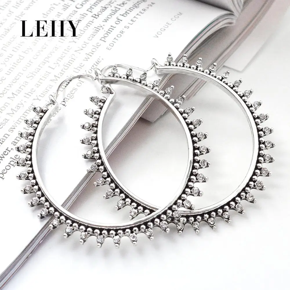 LEIIY изысканный кристалл большой круг себе Хооп Серьги для Для женщин Серебряный