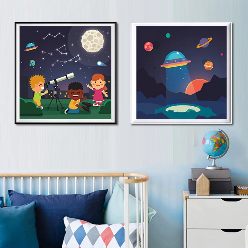 Мультяшная Милая темнота ракета корабль исследует космическое Искусство Холст