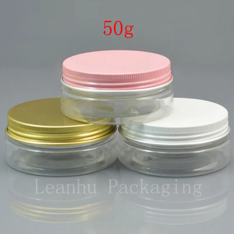 50g x 50 empty transparent PET cream jar with pink / white / gold aluminum screw cap , 50cc solid perfumes refillable container