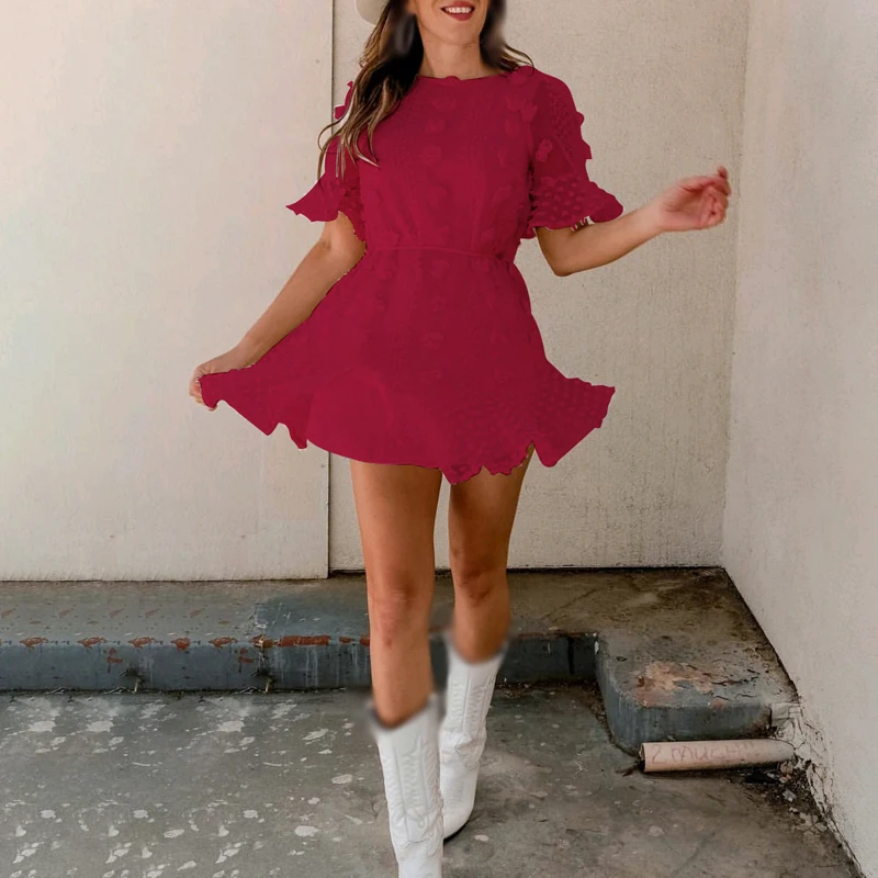Ruffled Mini Dress Summer Women's Round Neck Short Sleeve Embossed Holiday Beach | Женская одежда