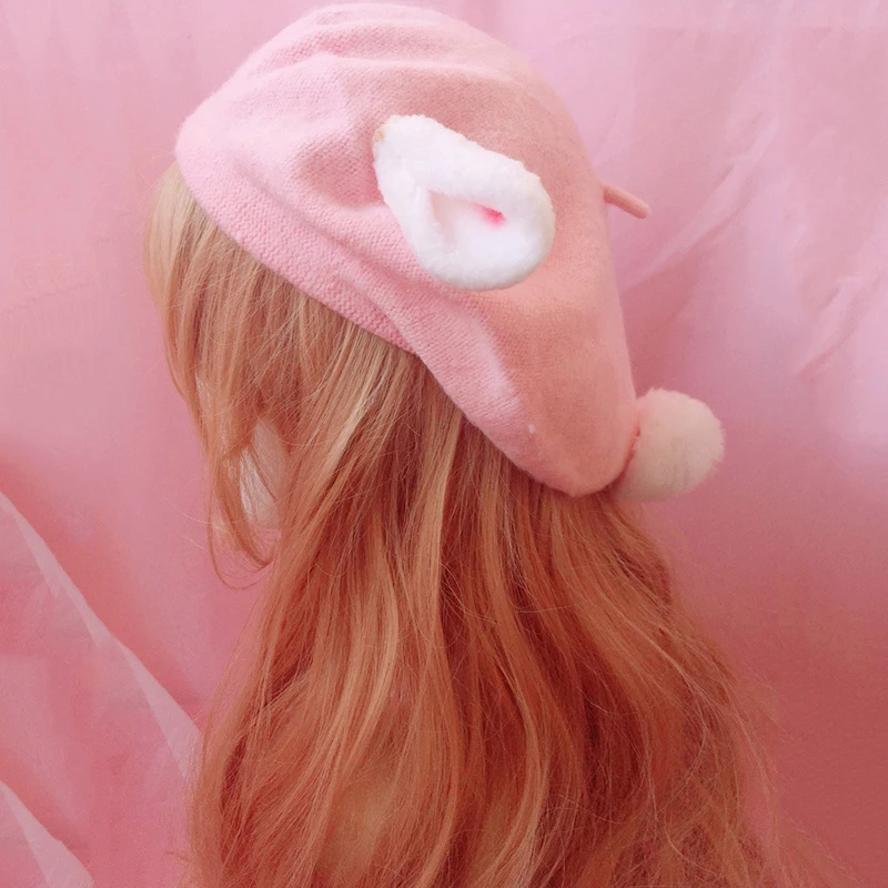 Женский берет с кроличьими ушками шерстяной помпоном в японском стиле зимний 2018 |