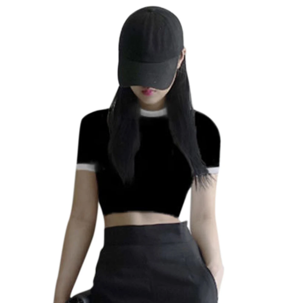 Женский укороченный топ с коротким рукавом облегающий пуловер круглым вырезом