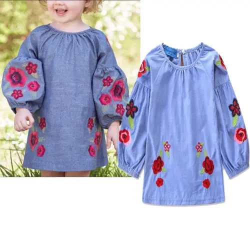 New Kid Girl Fashoion Denim Long Sleeve Floral Dress Clothes Girls Princess Baby Party Pageant | Детская одежда и обувь