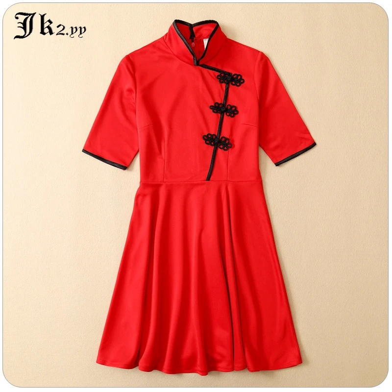 Женское однотонное платье с высоким воротником в китайском стиле летнее