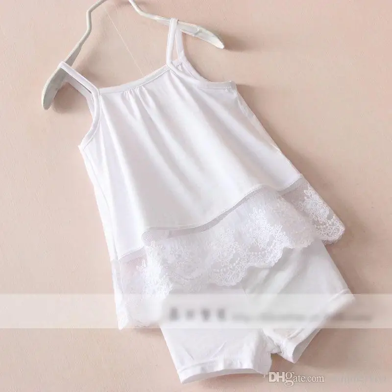 Fashion Europe and America style children outfits Suits grils sleeveless camisole lace tops+Pure color shorts 2pcs sets kids clo |