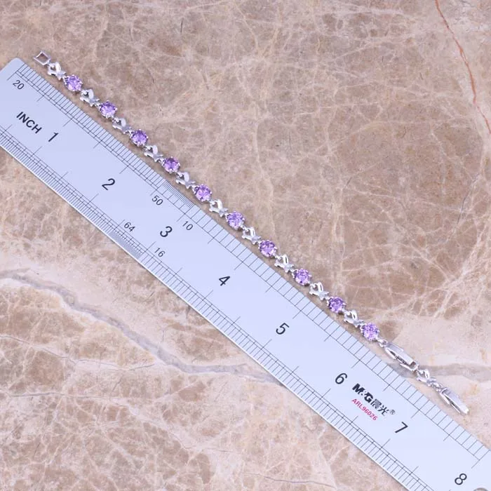 Блестящий браслет-цепочка с фиолетовым кубическим цирконием и посеребренным