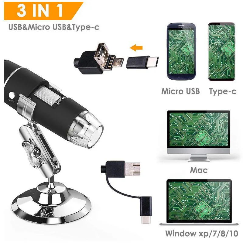 Цифровой микроскоп 3 в 1 1000X 8 светодиодов HD USB эндоскоп камера 30 Вт лупа