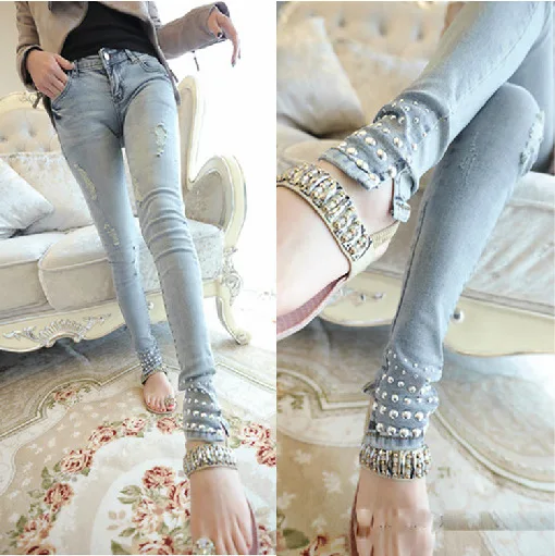 new arrival Women's FASHION jeans Women slim skinny pants rivet pencil size 26-30 |