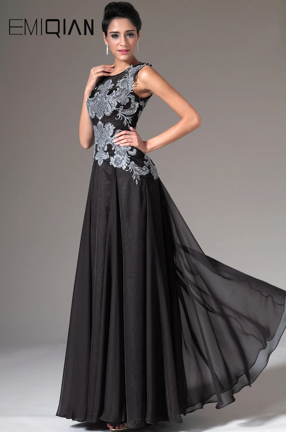 Бесплатная доставка черное шифоновое вечернее платье в пол с круглым вырезом и