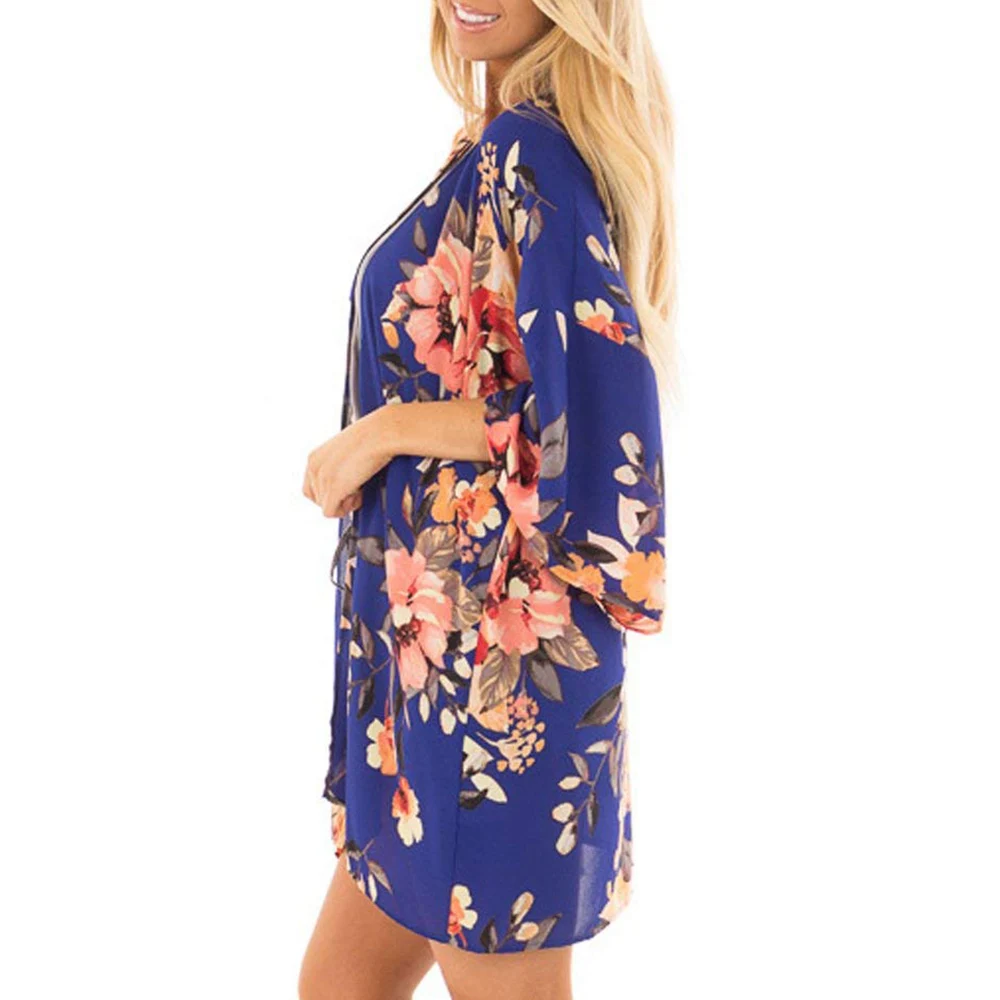 Casual Vintage Kimono Cardigan Ladies 2019 Summer Long Crochet Chiffon preto Loose flora printed Blouse Tops Black |