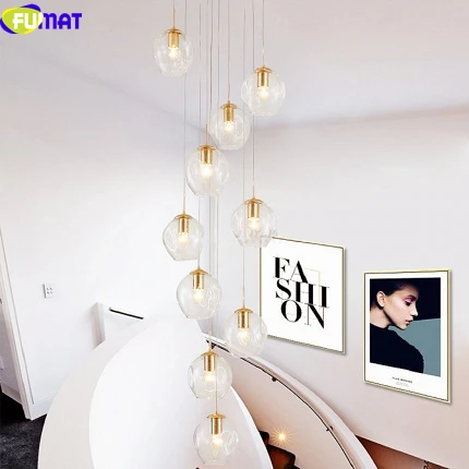 Clear FUMAT MODO Ball Glass Spiral Staircase Villa Ceiling Lamps LED Stair Lamp Light Penthouse Chandeliers Cognac Gray Blue Fixture - Цвет абажура: Clear