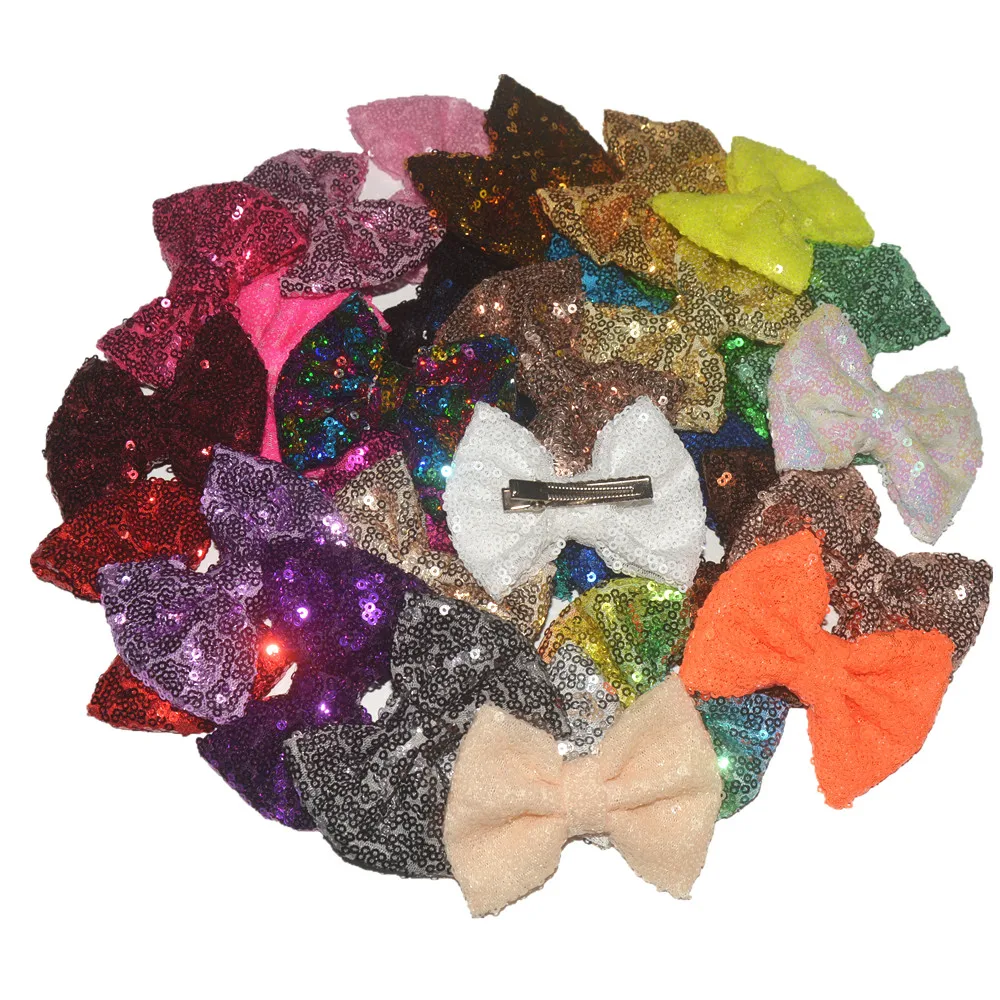 

MengNa 60pc/lot 3.4" Glitter Hair Bow,DIY Sequin Bows,Glitter Kids hair Bow With Clips Hair Accessories 32 Colors
