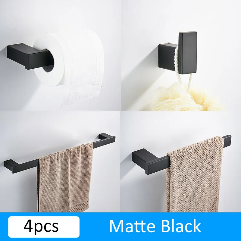 4pcs Black Матовый черный держатель для бумаги из нержавеющей стали для ванной комнаты, держатель для полотенец, держатель для зубных щеток, набор аксессуаров для ванной - Цвет: 4pcs Black