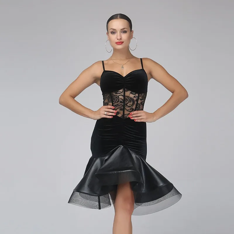 Черное бархатный латинский платье для танцев с бахромой женское