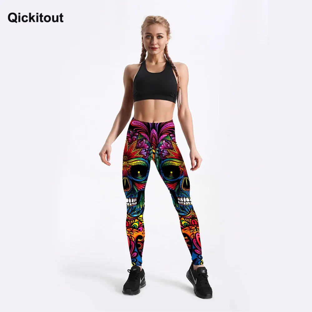 Qickitout, Летние Стильные женские леггинсы, цветные, с принтом черепа и листьев, леггинсы, тонкие, для тренировок, леггинсы, панк, для девушек, брюки, Прямая поставка