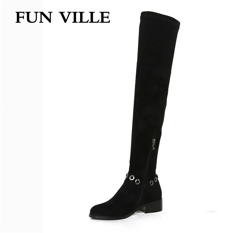 

FUN VILLE New 2018 Autumn Women over the knee Boots Black High quality Flock Flat botas Round Toe Zipper Size Woman shoes 35-42