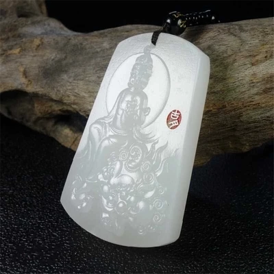 

Natural JADESt carved white Manjusri Bodhisattva Guardian Pendant Necklace exquisite men and women sweater chain jewelry gifts