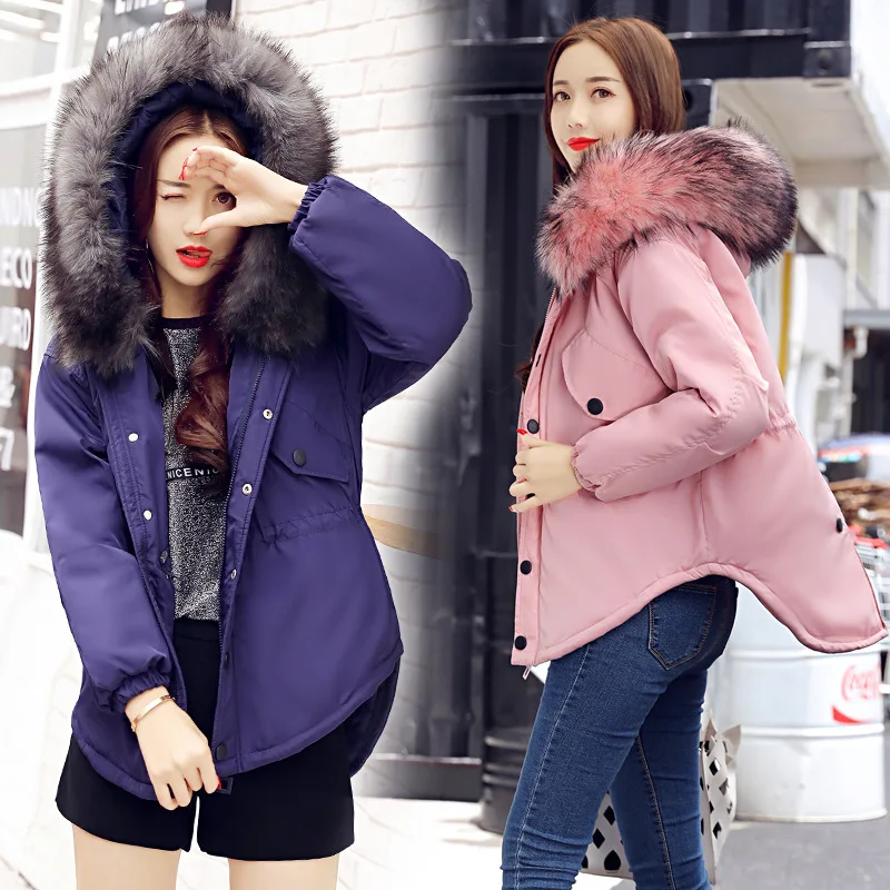 

Nice Black Winter Jackets Women Large Fur Hooded Coat Thicken Parkas Outwear Fashion Loose Feathers Jacket Winter Coat Female