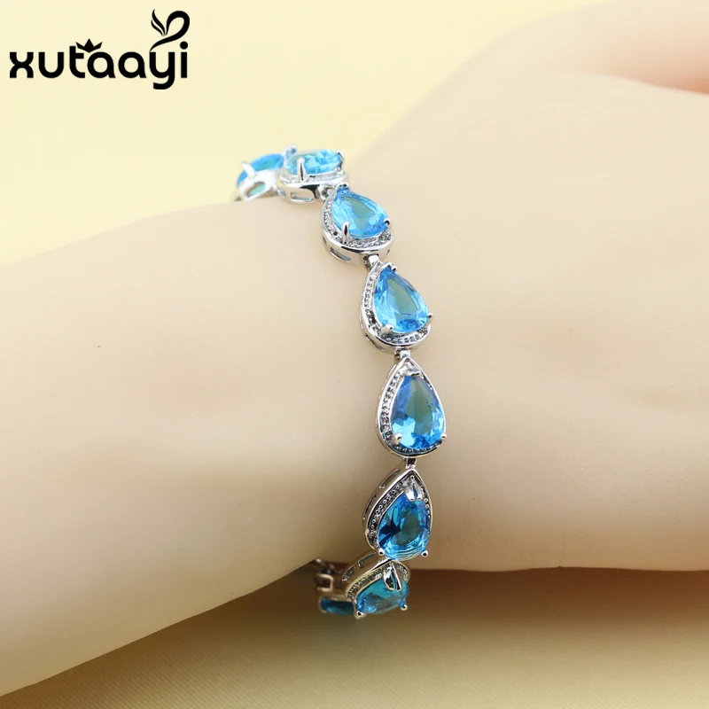 

Silver colorcolor Jewelry For Women Water Drop Multicolor Stones Fashion Link Chain Bracelets Length 18+2cm Free Box