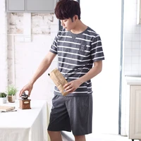 2019 hot summer short sleeve cotton pajama sets for men casual striped sleepwear male lounge home clothes