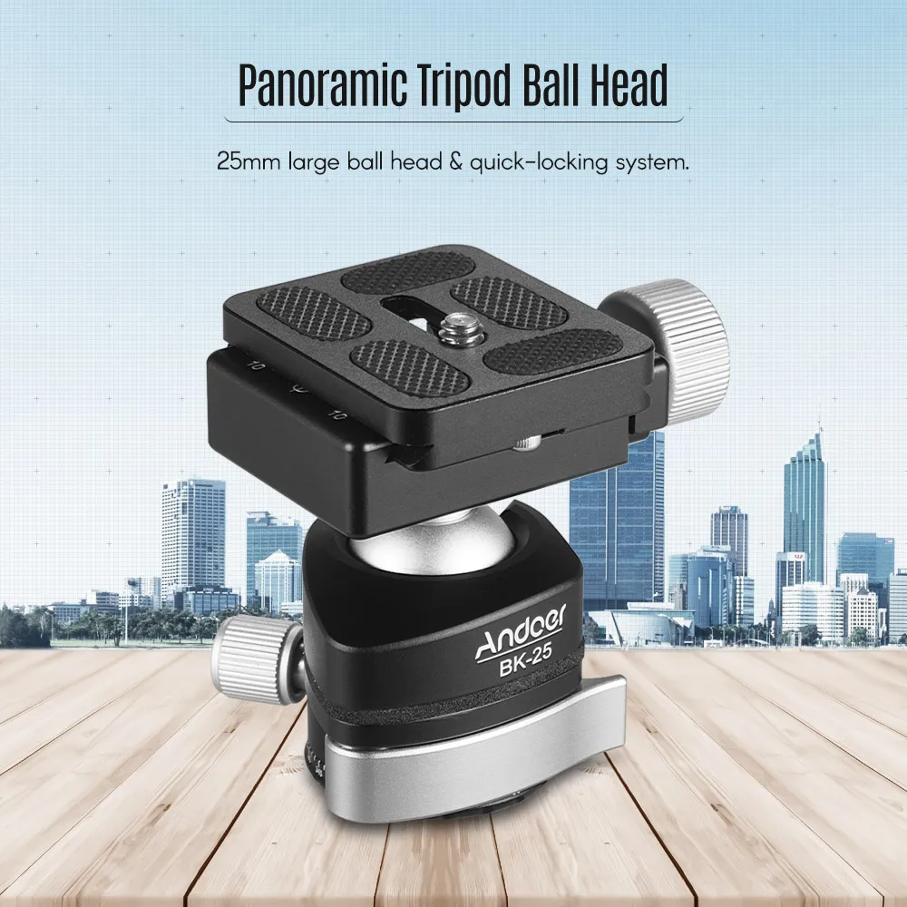 

Andoer Bk-25 Tripod Ball Camera Panoramic Head Mount Adapter Quick-locking 360°swivel Aluminium Alloy 15kg/33lbs Load Capacity