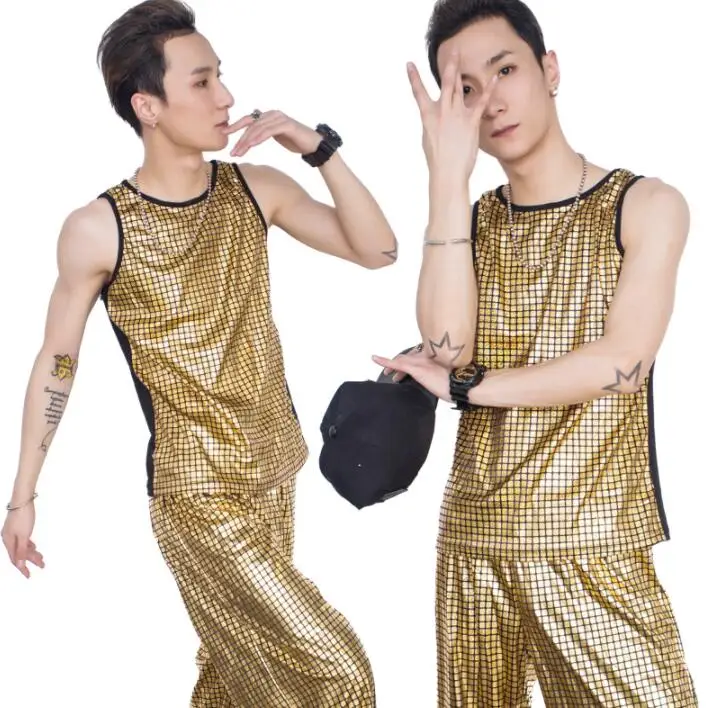 

Original colete masculino men vest sleeveless clothing round collar personalized singer dance stage street star style dress gold