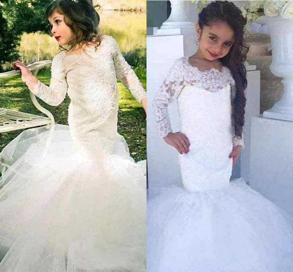 

2021 White Ivory Lace Long Sleeve Mermaid Flower Girl Dresses For Weddings Jewel Long Modest Garden Country Gown Communion Dress