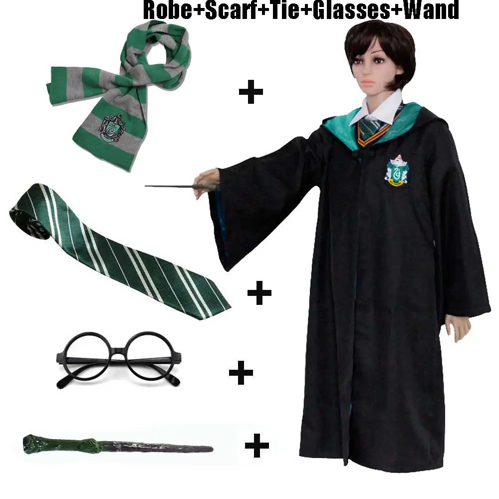 5pcs 04 Детский костюм Слизерин для взрослых Ravenclaw Gryffindor Hufflepuff, Волшебная Одежда, плащ, шарф, галстук, палочка, очки, набор - Цвет: 5pcs 04