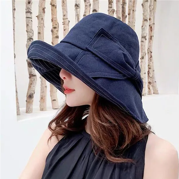 navy blue Модная новая джинсовая синяя Солнцезащитная шляпа с большим бантом, лето, женская пляжная шляпа с широкими полями и бантом, складная Панама, рыбацкая Кепка - Цвет: navy blue