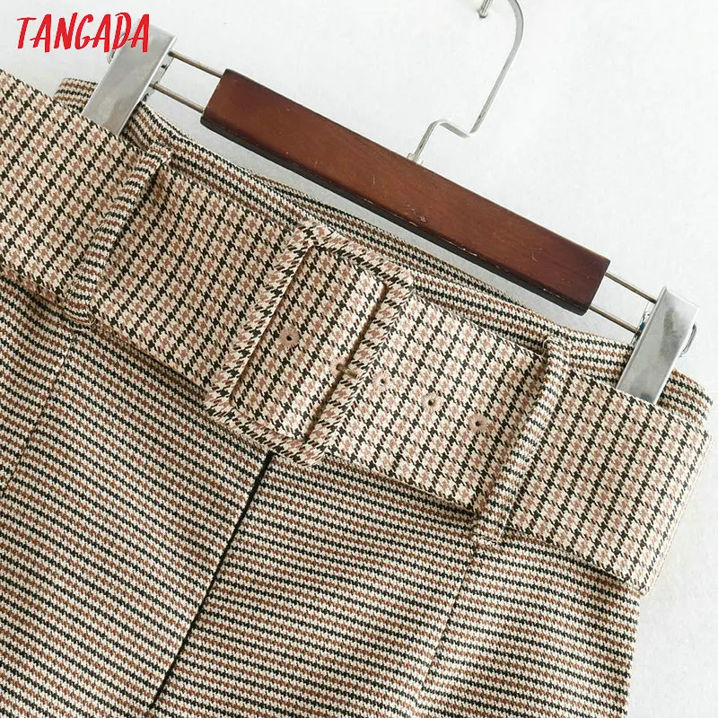 Tangada юбка карандаш офисная юбка юбка с завышенной талией юбка с высокой талией бежевая юбка коричневая юбка юбка в клетку юбка с поясом юбка длина миди юбка до колена юбка из костюмной ткани BE175