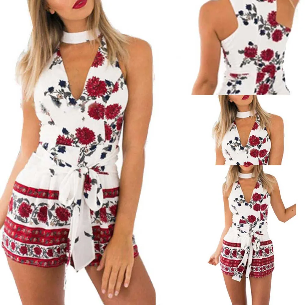 Febelle для женщин Мини Сексуальная от Shouder печати Playsuit Дамы Комбинезон летний