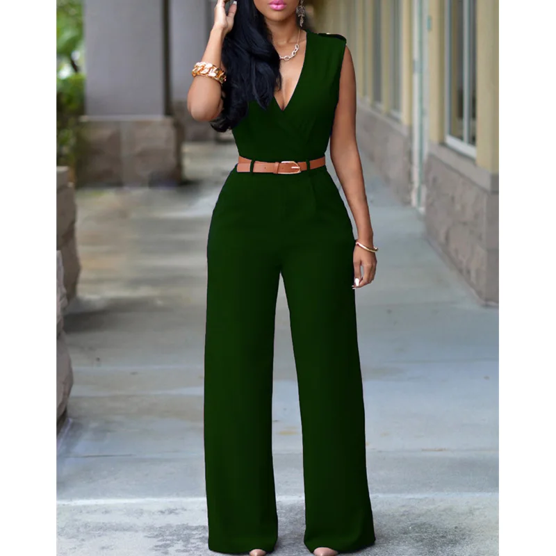 

Hot Sale Summer Sleeveless V-Neck Jumpsuits With Belt Wide Leg Elegant Lady Casual Jumpsuits
