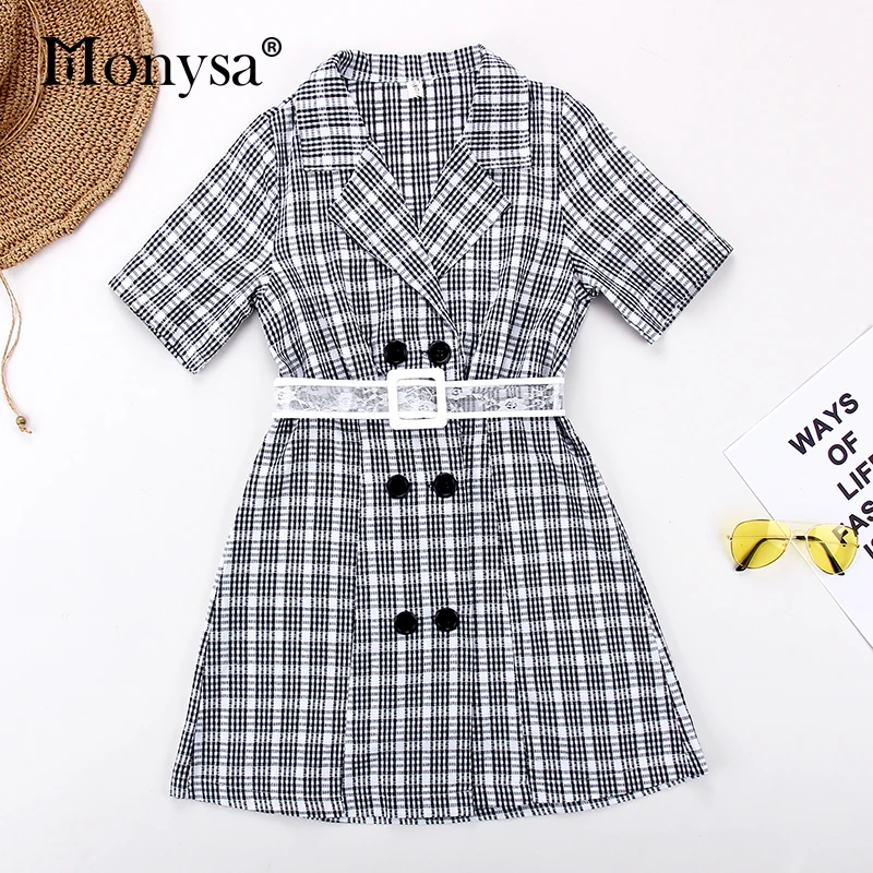 Корейские винтажные клетчатые платья для женщин лето 2019 новое модное двубортное