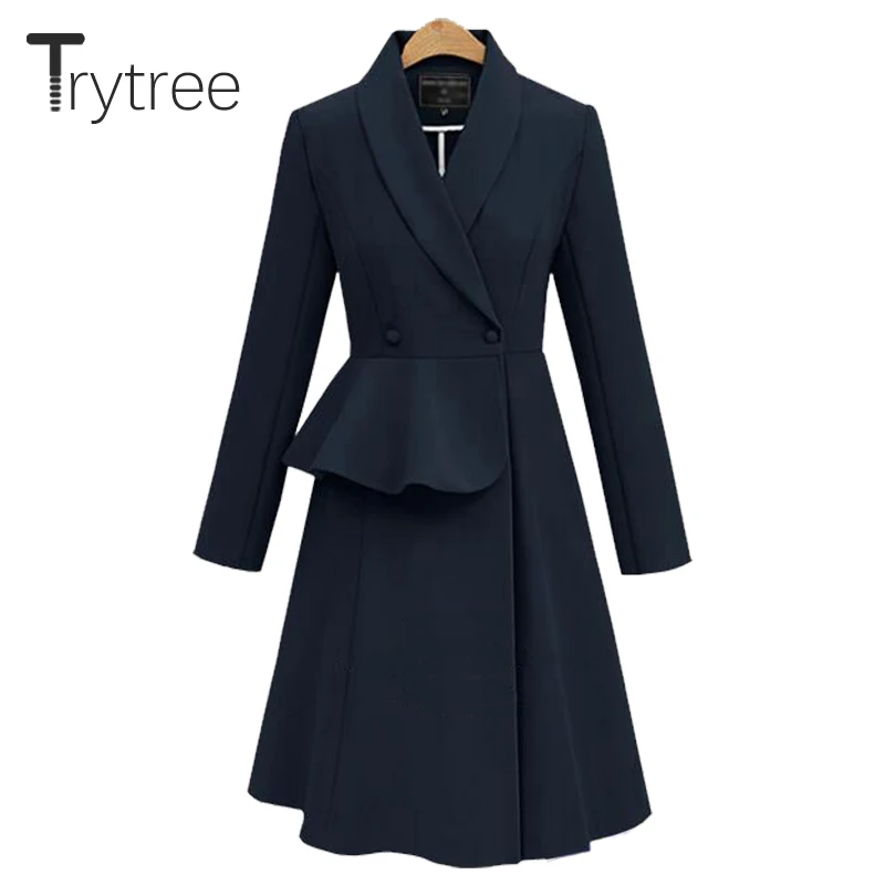 Trytree/Новинка осени Женская Длинная ветровка однотонная офисная с оборками на