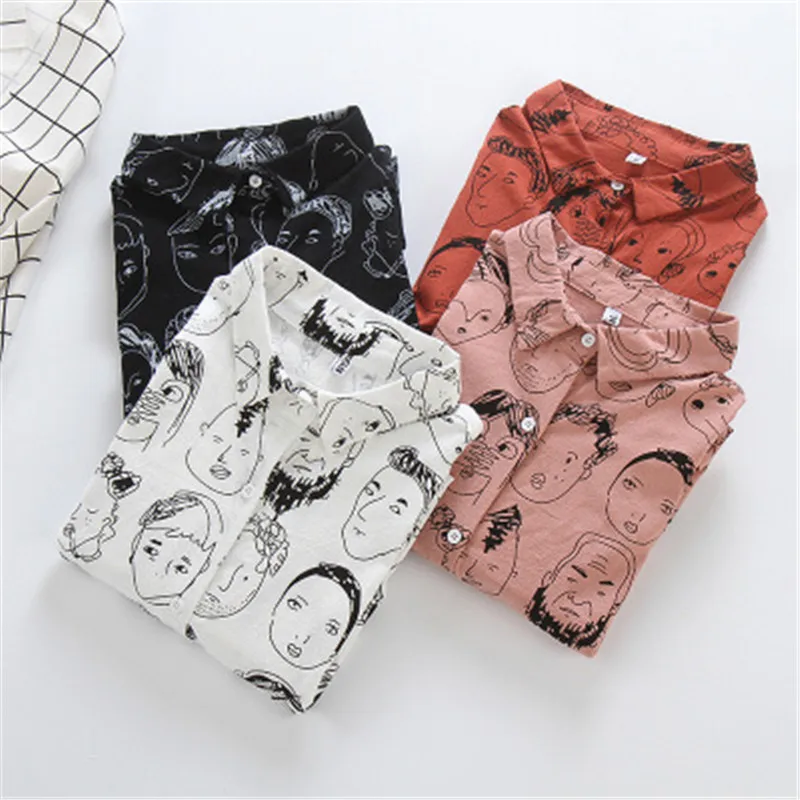 Женская блузка с длинным рукавом отложным воротником и принтом лица|Блузки| |