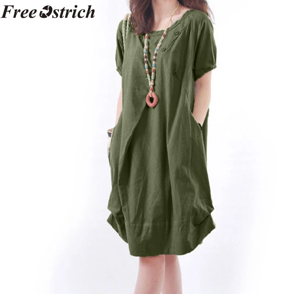 Бесплатная страусиное женское повседневное свободное платье из хлопка и льна