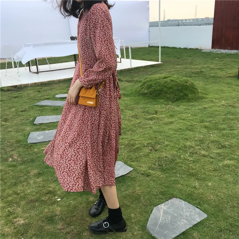 Осеннее платье 2018 женское с цветочным принтом свободное шифоновое длинное