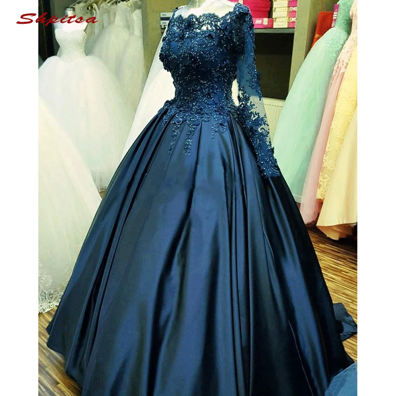 

Navy Blue Long Sleeve Quinceanera Dresses Ball Gown Satin Lace Prom Debutante Sixteen Sweet 16 Dress vestidos de 15 anos