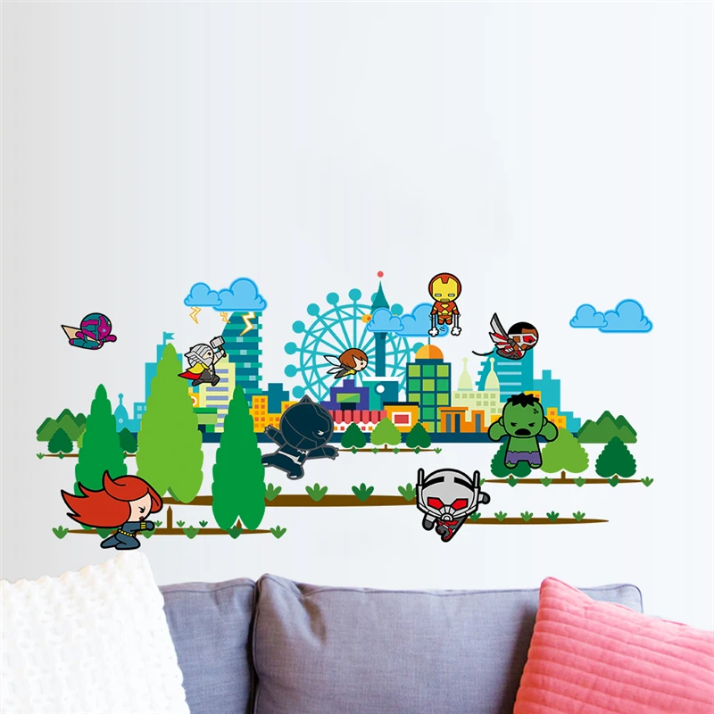 Мультяшные забавные наклейки на стену с изображением Мстителей Декоративные
