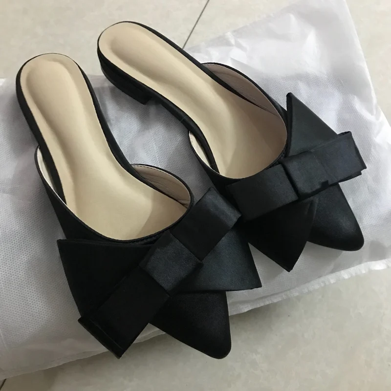 Size34-41 Для женщин обувь корейский шелк атлас Острый носок с бантом тапочки с шнурками; Baotou; Туфли без каблуков каблук комплекты Половина Тапочки сезон: весна–лето