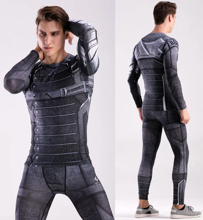 Мужские комплекты для фитнеса и бега с 3D принтом компрессионная рубашка длинным