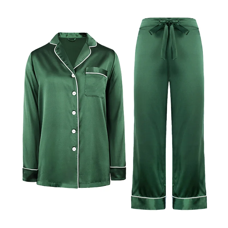 Dark Green Женские пижамы из чистого шелка, одноцветные пижамы из двух частей, блузка и штаны, пижамы для женщин, домашняя одежда, костюмы из натурального шелка, пижамы для взрослых - Цвет: Dark Green