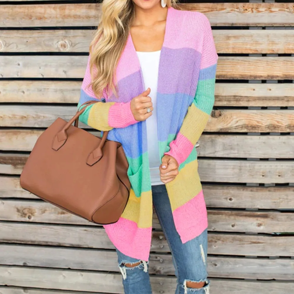 Knit Cardigan Women Plus Size Womens Patchwork Long Sleeve Rainbow Stripe Tops Sweater Coat 2019 Robe Femme Hiver |