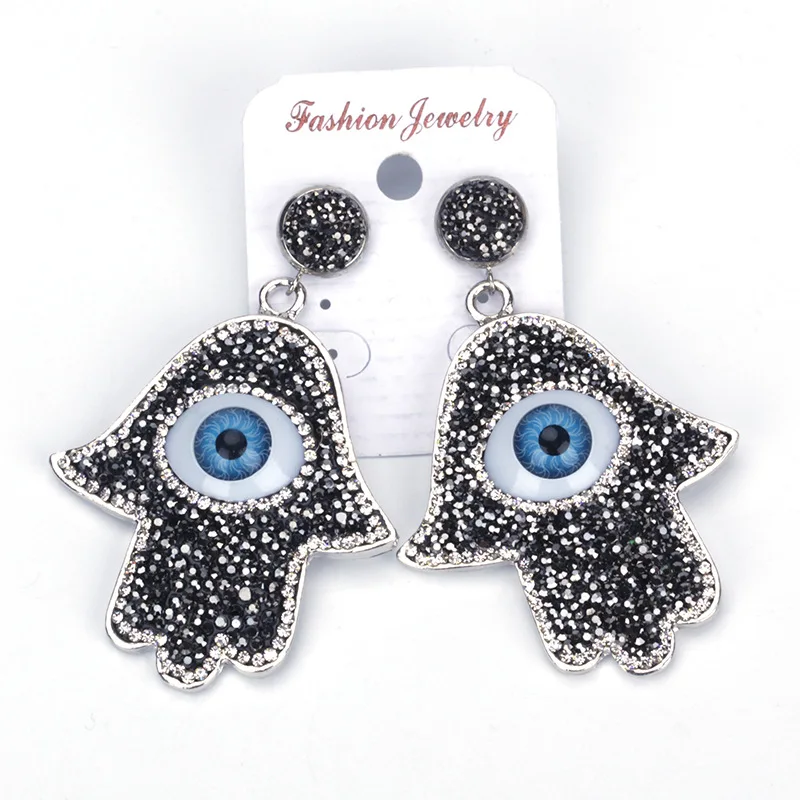 

Hamsa Hand Shape Pendant Pave Blue Evil Eye Black White Rhinestone Charm Studs Top Dangle Earring For Women