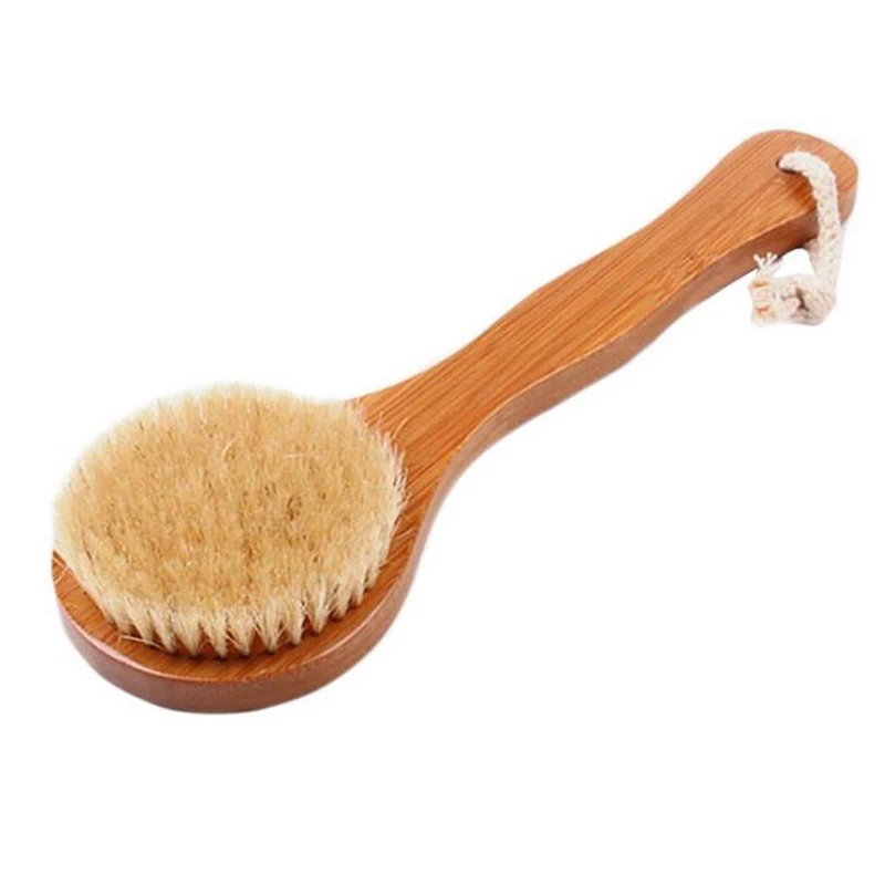 

New Round Shape Natural Boar Bristle Body Brush Wooden Medium Size Handle Clean Dirt Bath Skin Brush Promote Blood Circulation