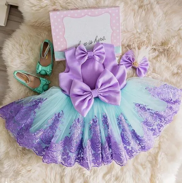 2018 new teal and purple backless little princess infant first birthday dress ball gown girl kid tea party dresses with bow | Детская