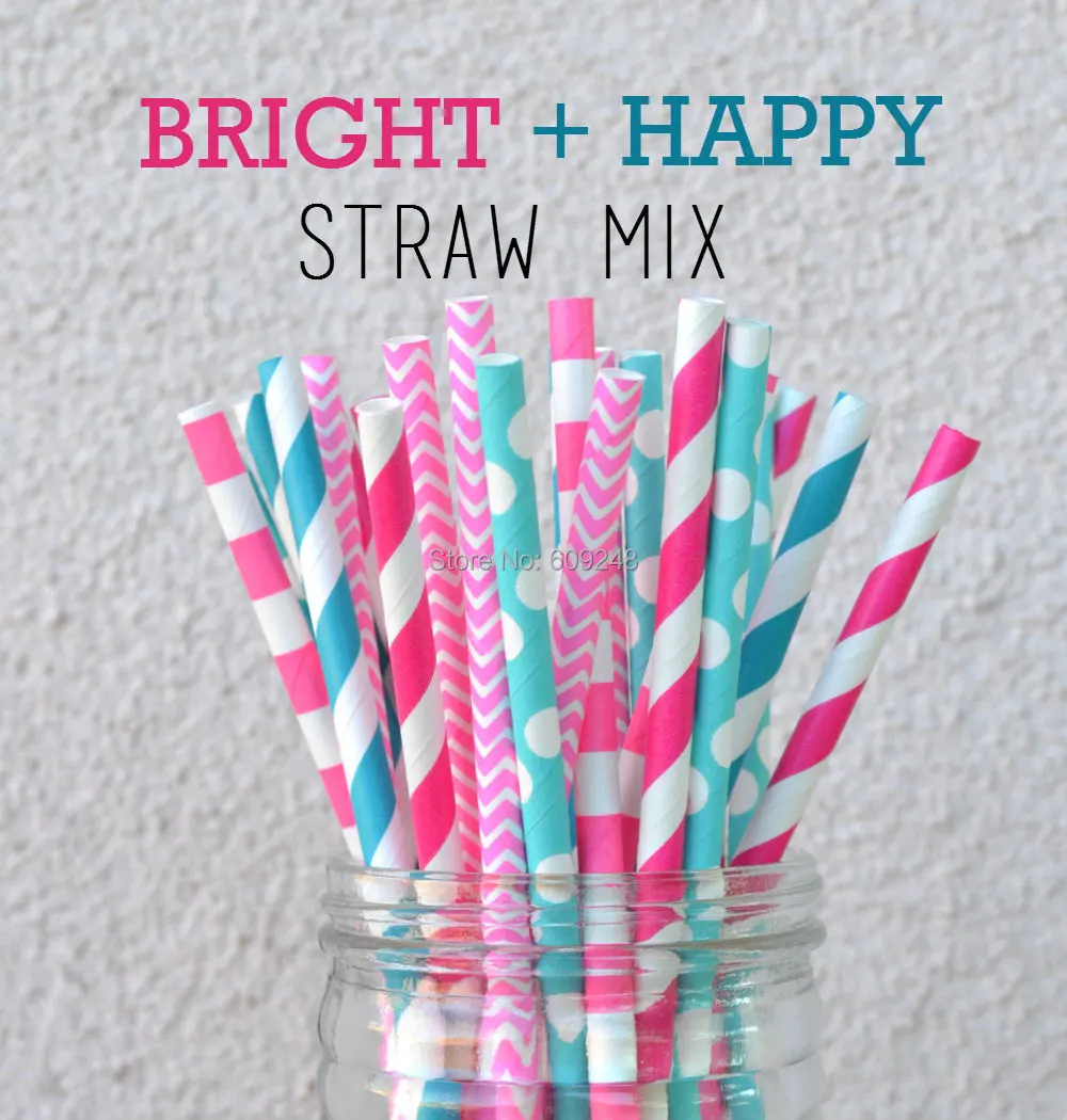 

100 шт Смешанные яркие и счастливые розовые и бирюзовые бумажные соломинки, ярко-розовые полосатые, ярко-розовые Шевроны, бирюзовые полосаты...