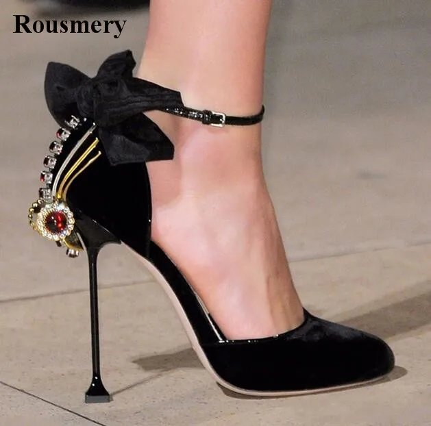 

2017 Women Round Toe Crystal Embellished Ankle Strap Butterfly-knot Pumps Stiletto Heel Rhinestone Dress High Heels Wedding Shoe
