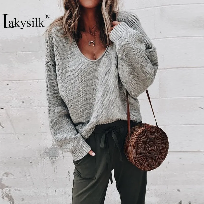 [Lakysilk] однотонные розовые женские свитера с открытыми плечами повседневные женские осенние модные топы с круглым вырезом и длинными рукавами для девочек